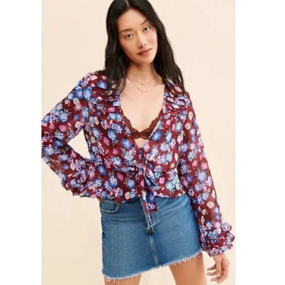 Free People Maybel Floral Print Ruffled Peplum Blouse Top Size Small